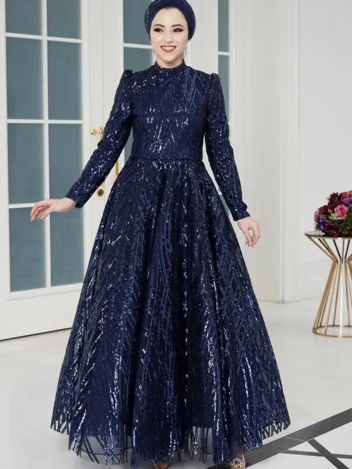 AHUNARE HIJAB - Prenses Navy Blue Embroidered Wedding Dress, Muslim Evening Gown, Nikah, Islamic Wedding, Engagement, Bridesmaid,