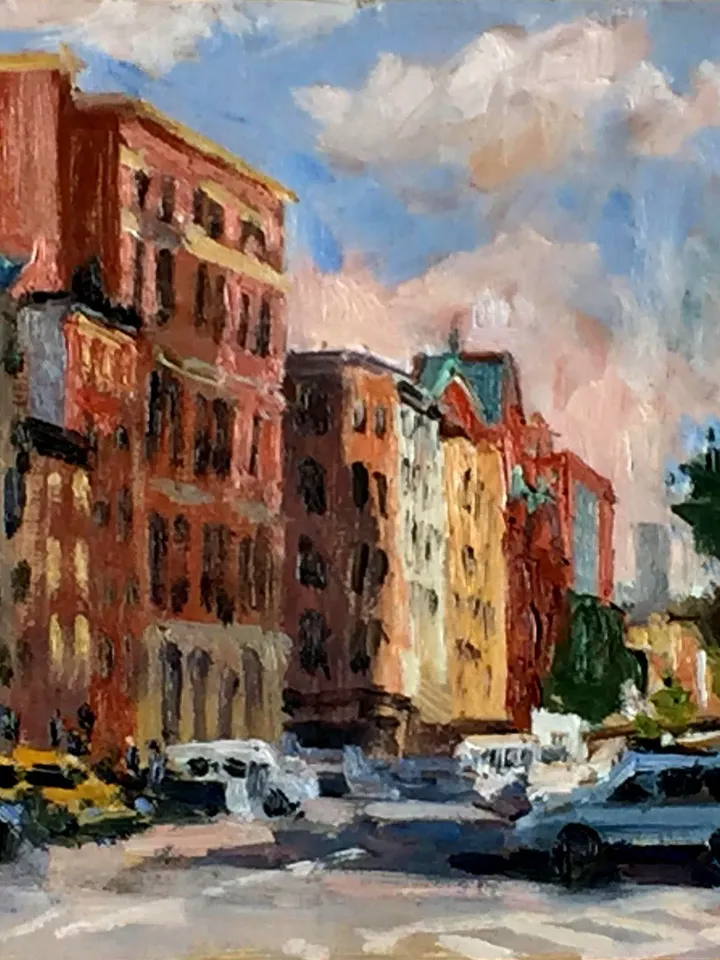 New York Cityscape Painting -Lower East Side Morning/Pitt Street/NYC- 8x11 Oil on Panel, Urban Impressionism, Signed Original Landscape