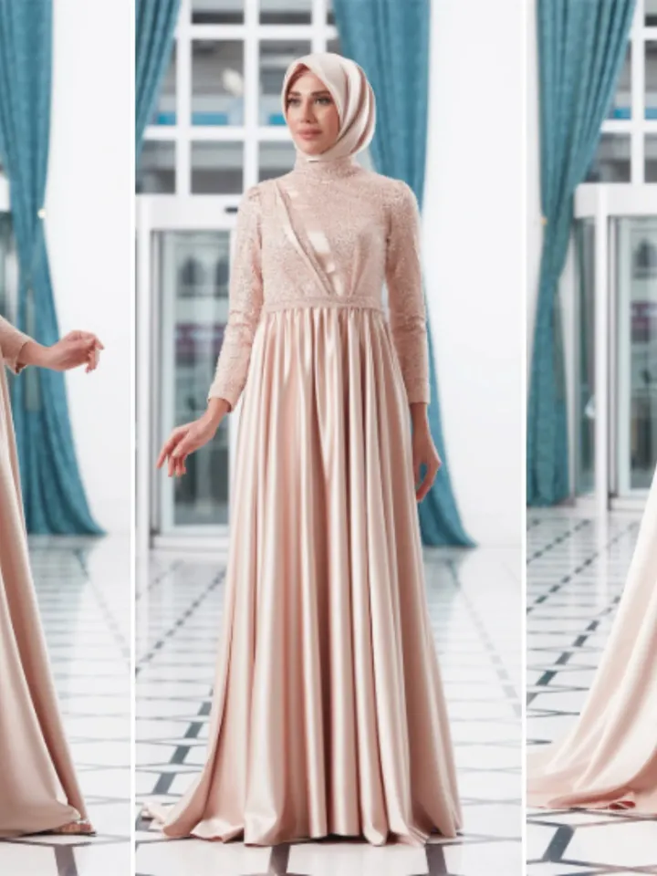 AHUNARE HIJAB - Berra Salmon Satin Wedding Dress, Muslim Evening Gown, Nikah, Islamic Wedding, Engagement, Bridesmaid,