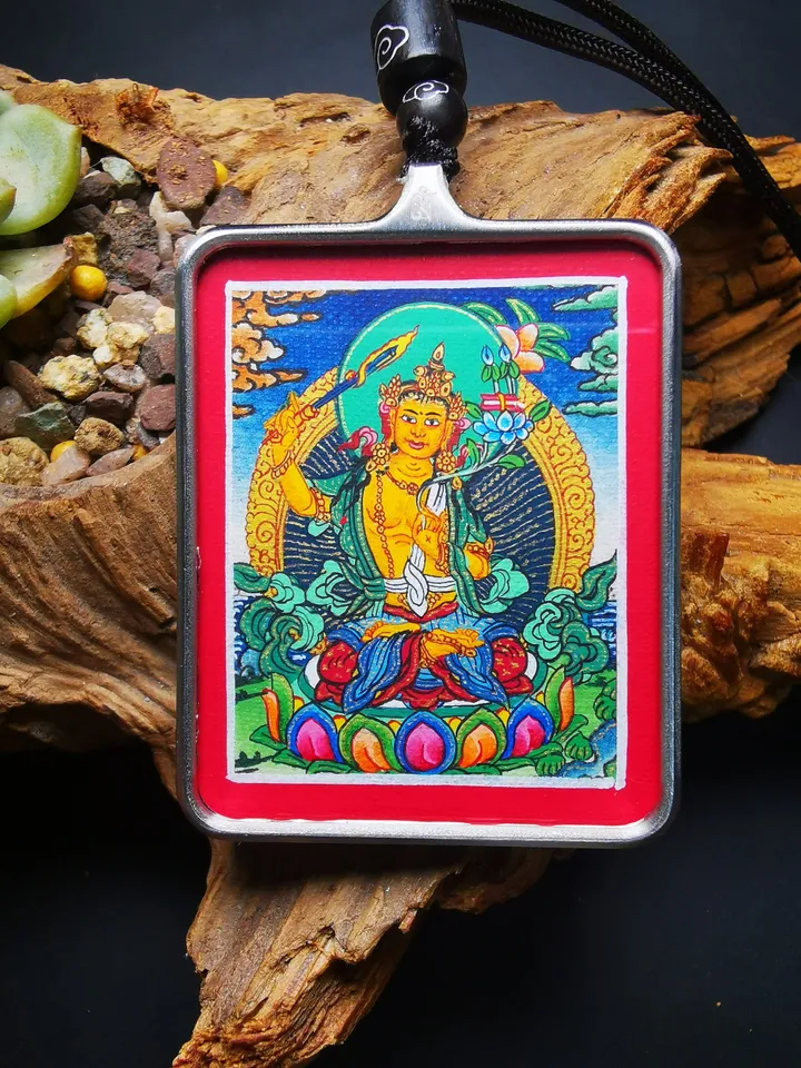 Gandhanra Handpainted Locket Thangka Amulet,Manjusri,Wisdom Buddha,Packed in Gau Shrine Box