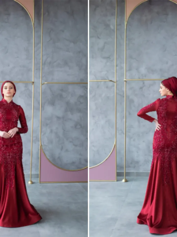 AHUNARE HIJAB - Laiya Burgundy Mermaiad Embroidered Wedding Dress, Muslim Evening Gown, Nikah, Islamic Wedding, Engagement, Bridesmaid,