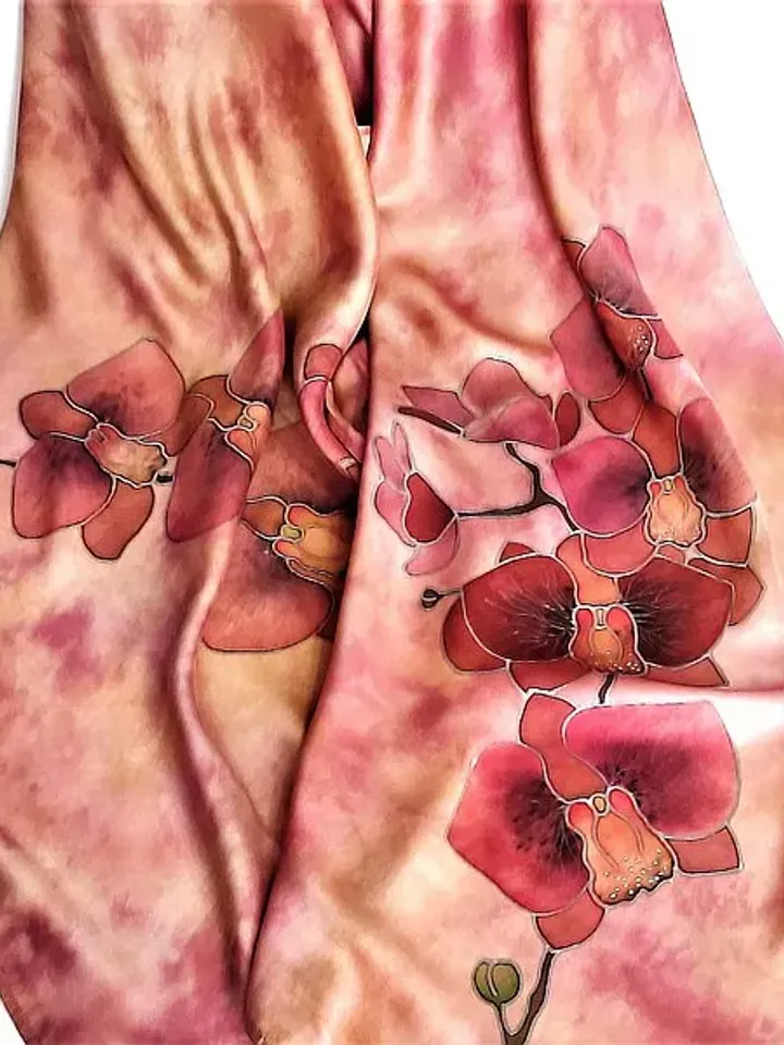Beautiful long silk scarf Hand painted scarf Orchid print scarf silk satin scarf