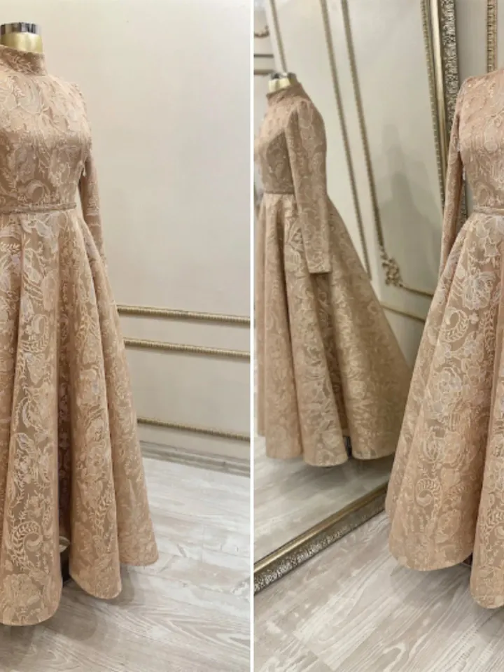 AHUNARE HIJAB - Burç Mink Lace Embroidered Wedding Dress, Muslim Evening Gown, Nikah, Islamic Wedding, Engagement, Bridesmaid,