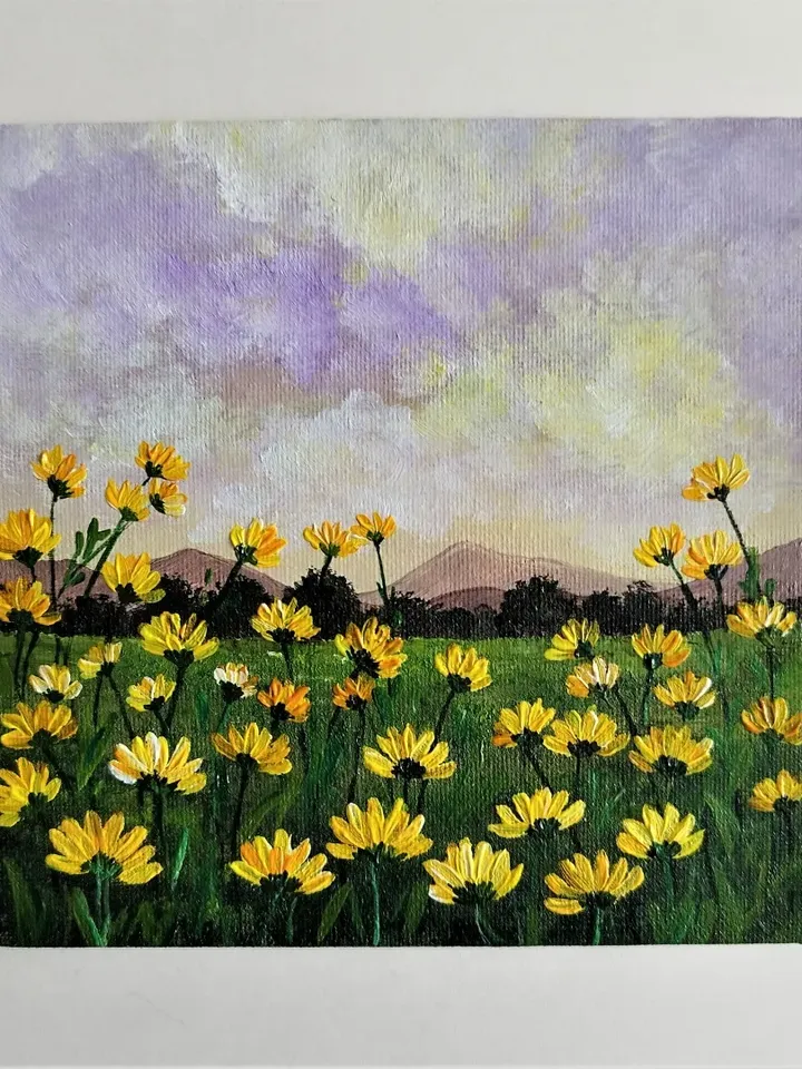 Acrylic Painting of a Landscape Sunset Field of Yellow Daisies