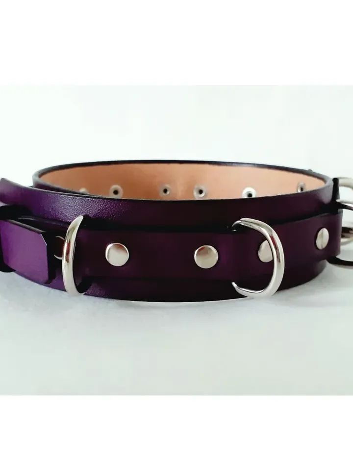 Handmade purple leather bdsm collar o-ring custom size