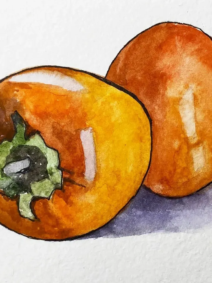 Persimmon fruit painting , original watercolor art, Small Artwork 4x6 inches