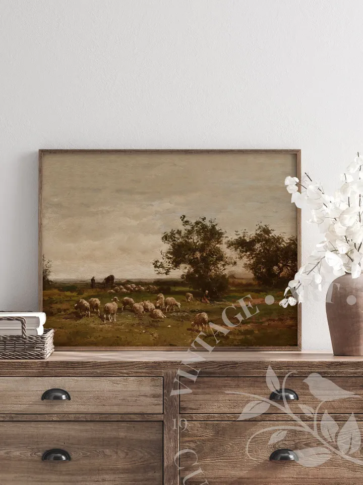 Vintage Landscape with Sheep Oil Painting, French Farmhouse PRINTABLE Art, Rustic Home Wall Decor Downloadable | 129