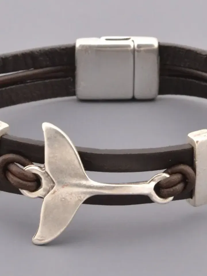 Whale Tail Bracelet, Surfer Wristband for Men and Women, Rock Style Leather Cuff, Anniversary Valentines Gift For Men Boyfriend Husband