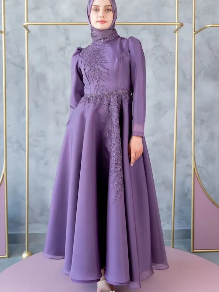 Mimoza Lilac Embroidered Ahunare Wedding Dress, Muslim Evening Gown, Nikah, Islamic Wedding, Engagement, Bridesmaid, Maxi Dress