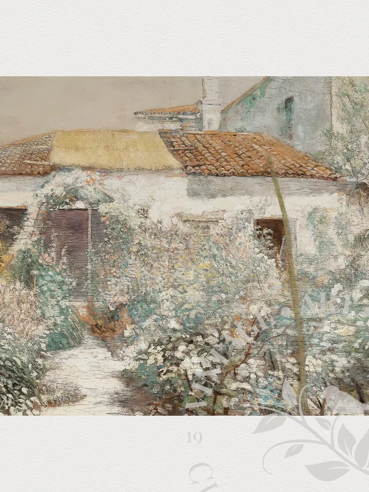 Cottage Oil Painting, Blossoming Garden Wall Art, Vintage Landscape, Printable Digital Farmhouse Decor | 47
