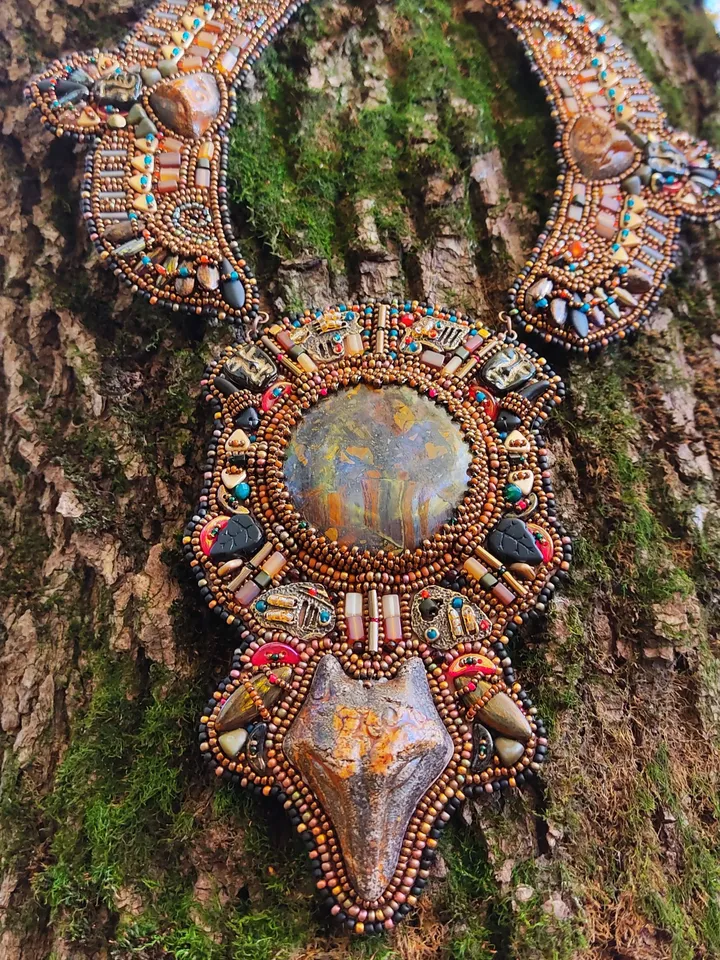 Embroidered necklace Spirits of the forest beaded necklace agate owl fox necklace ethnic boho necklace talisman totem