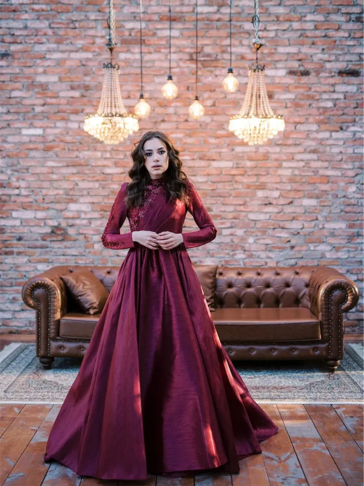 AHUNARE HIJAB - Şakayık Burgundy Taffeta Princess Wedding Dress, Muslim Evening Gown, Nikah, Islamic Wedding, Engagement, Bridesmaid,