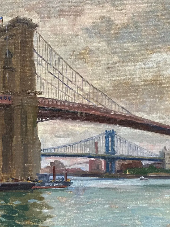 Large Original New York Cityscape Painting - Brooklyn Bridge/NYC - 14x24 Oil on Linen, Impressionist Fine Art, Signed Plein Air Landscape