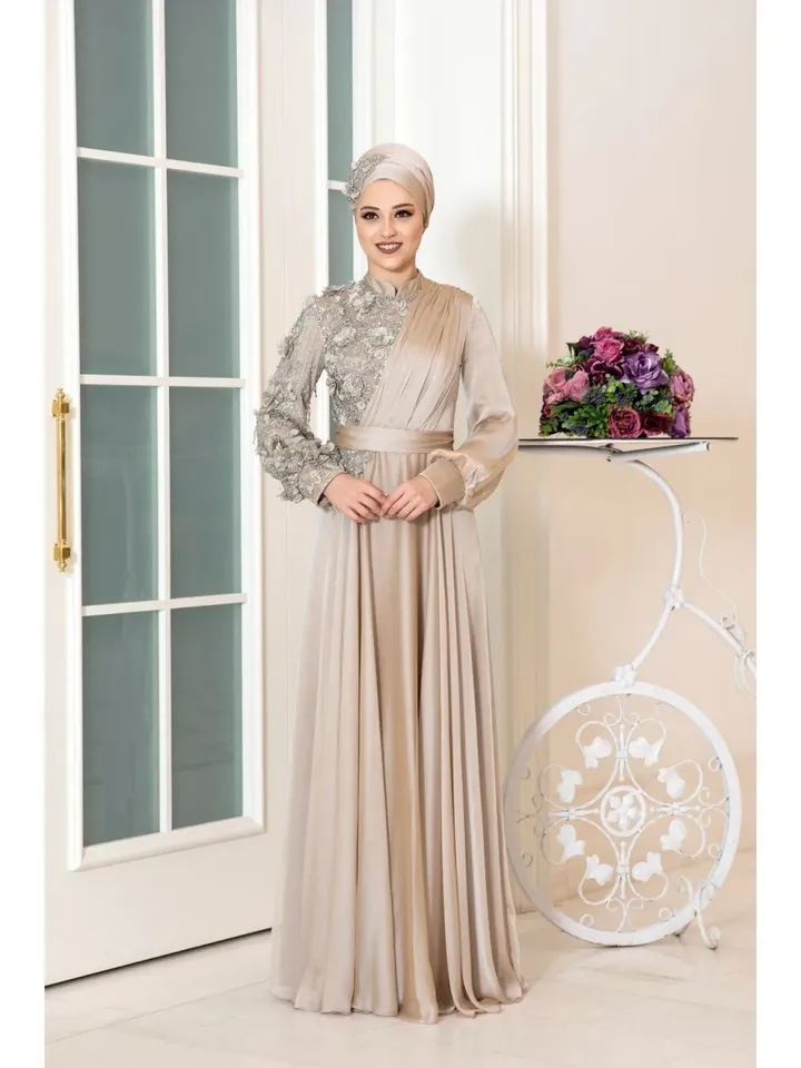 AHUNARE HIJAB - Melissa Gold Chiffon Belted Wedding Dress, Muslim Evening Gown, Nikah, Islamic Wedding, Engagement, Bridesmaid,