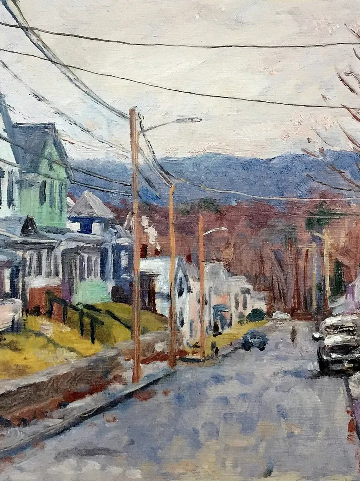 Original Cityscape Painting - North Adams Houses/Winter - 9x13 Oil on Panel, American Realist Landscape, Signed Impressionist Fine Art