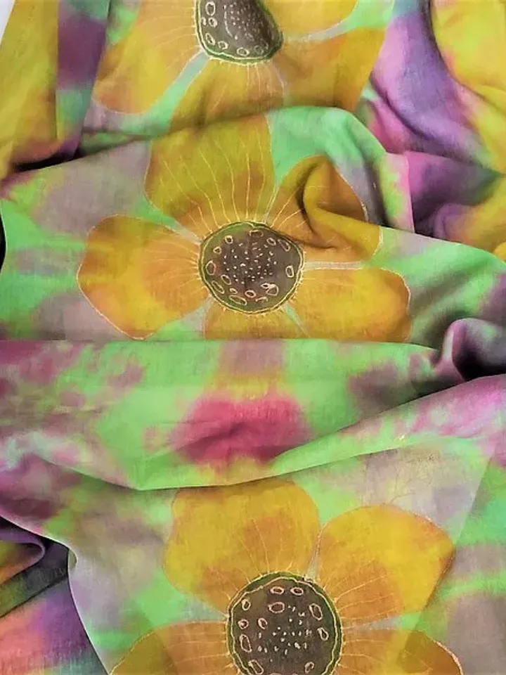 Green yellow cotton floral scarf Womens cotton long scarf Hand dyed scarf