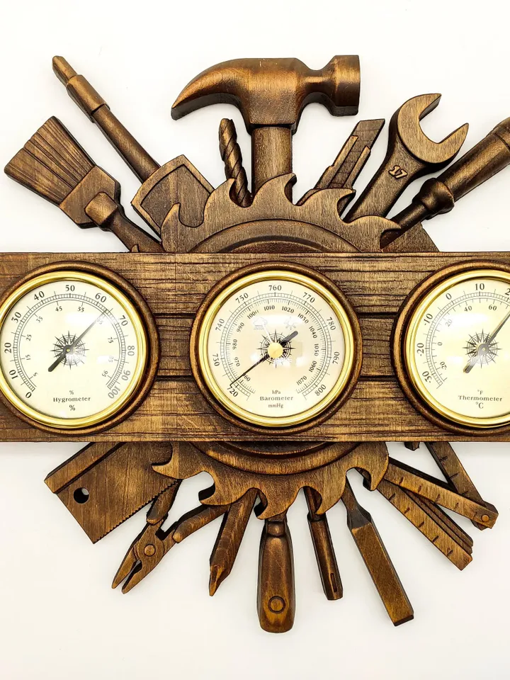 Weather Station; Barometer Hygrometer Thermometer, Wooden wall decor, Rustic decor, Wooden clock, Wooden Carver Panel, carved wall art
