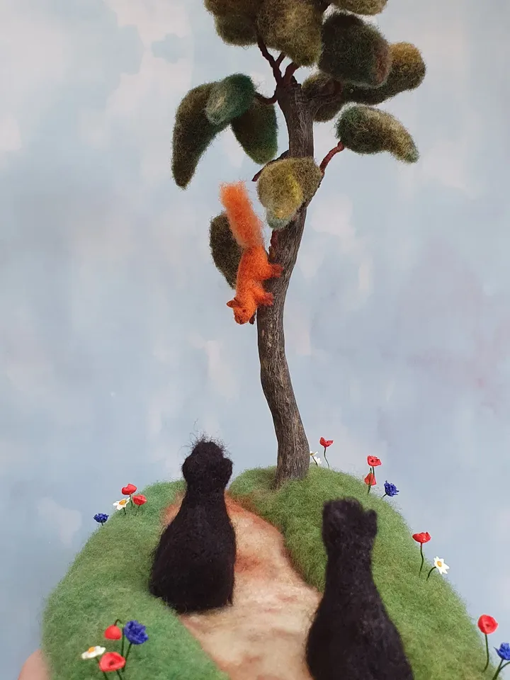 Scotch terrier, squirrel, walk in the woods, diorama with dogs, miniature scotty and squirrel, pine, dry felting composition