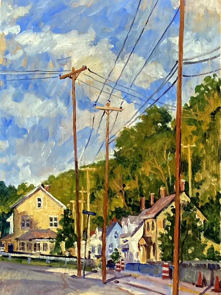 Original Landscape Painting - Houses and Poles/September - 12x24 Oil on Panel, American Impressionist Plein Air Oil, Original Fine Art