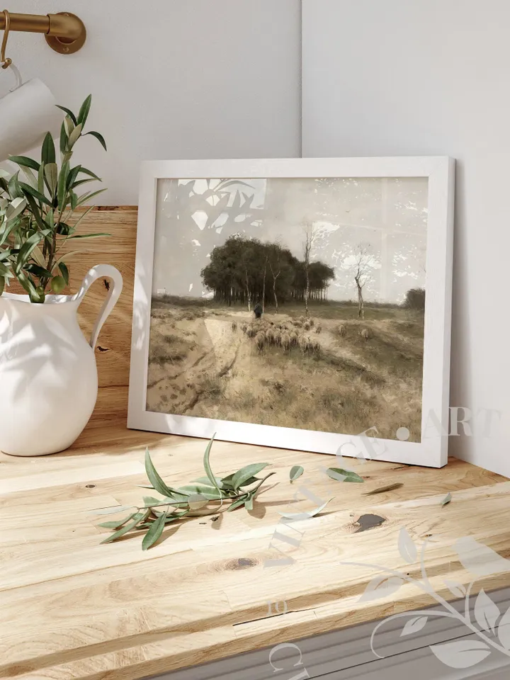 Flock of Sheep Print, Vintage Landscape Oil Painting, Large Printable Farmhouse Wall Art, Digital | 22