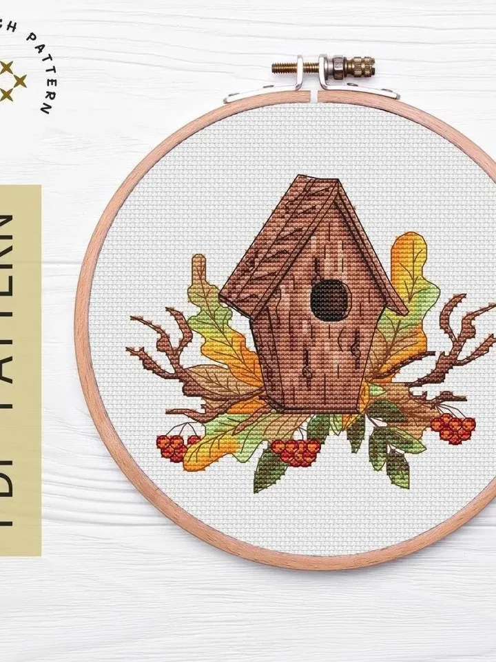 Bird house Cross Stitch Pattern, House Cross Stitch Pattern, Birdhouse Cross Stitch, Autumn Cross Stitch Pattern, Instant Download PDF