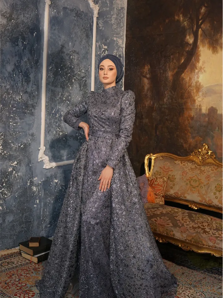 AHUNARE HIJAB - Versica Navy Blue Peplum Wedding Dress, Muslim Evening Gown, Nikah, Islamic Wedding, Engagement, Bridesmaid,