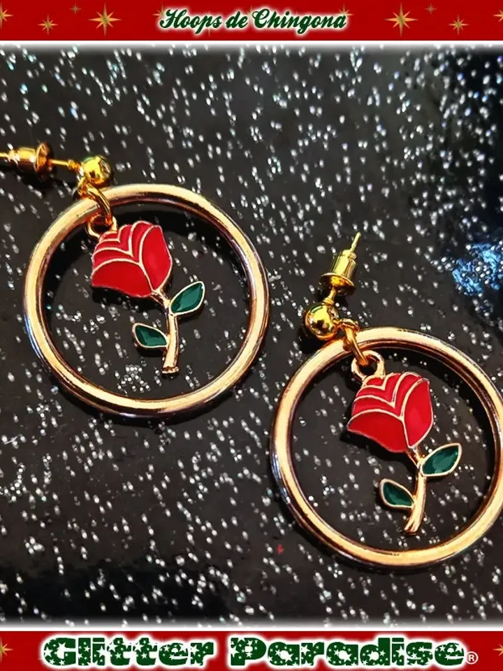 Hoops de Chingona - Earrings - Hoops and Red Rose - Rose Love - Gold Hoops & Rose - Latina Hoops - Latina Love Jewelry - Glitter Paradise®