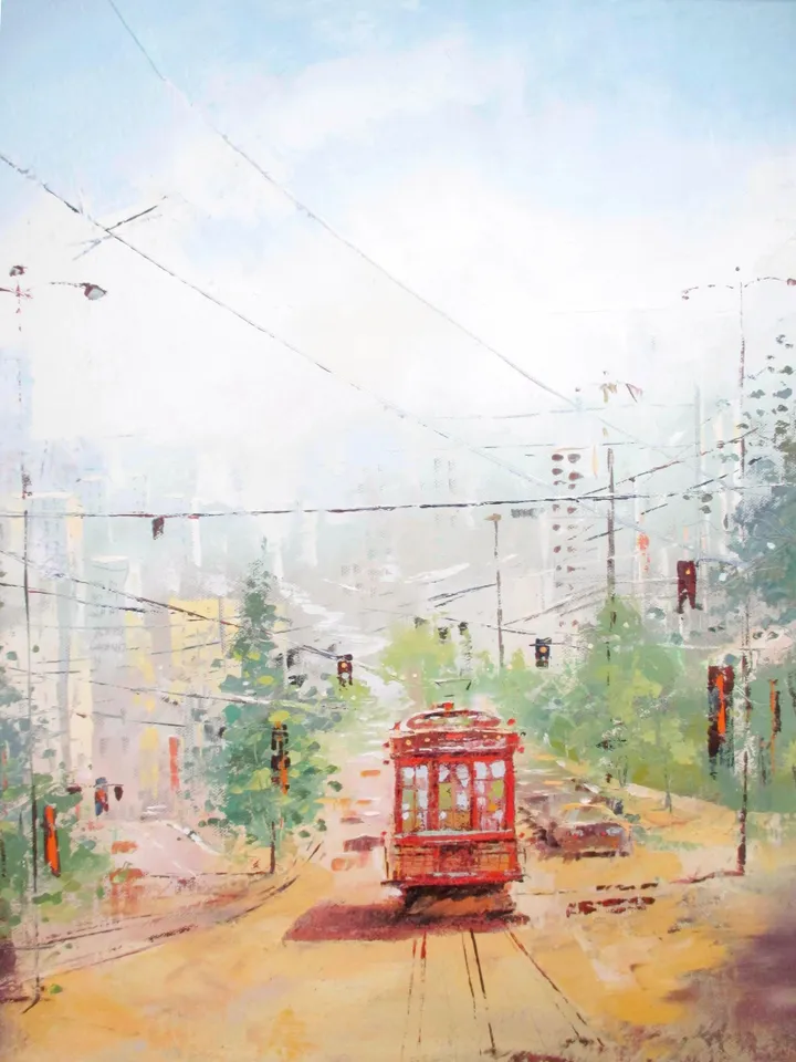 Original Oil Painting "MIDDAY TRAM" Painting on Canvas Modern City Painting Original Art by "Walperion Paintings"