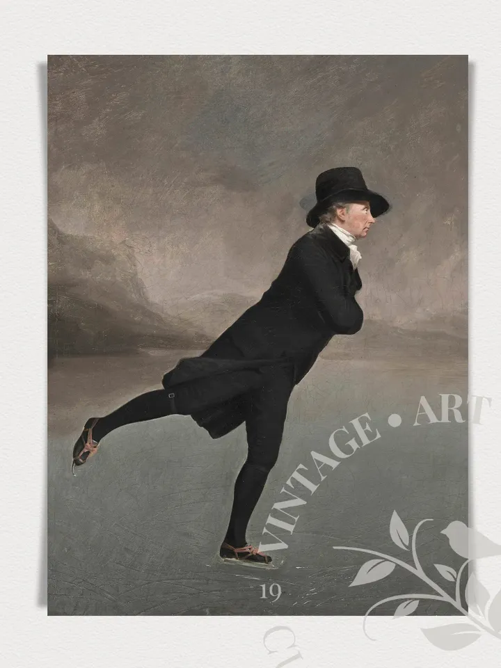 Winter Wall Art Vintage Portrait Antique Oil Painting, Gentleman Skating PRINTABLE, Large Moody Holiday Decor, Digital Downloadable | 328