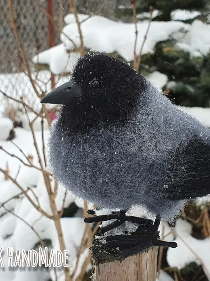 Gray crow. Natural wool sculpture