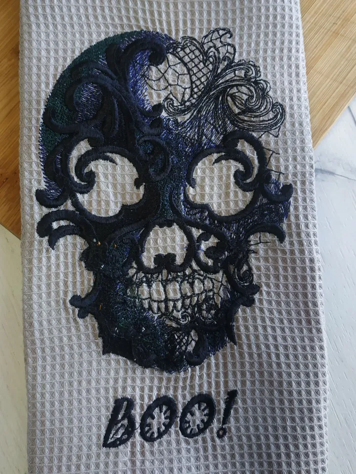 Halloween scull embroidered waffle towel, embroidered kitchen towels, scull kitchen towel, hanging dish towel, halloween