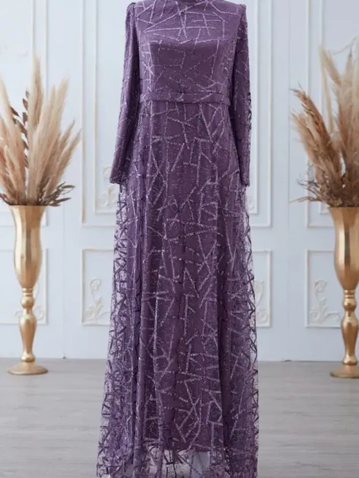 Parıltı lavander silvery embroidered Ahunare Wedding Dress, Muslim Evening Gown, Islamic Wedding, Engagement, Bridesmaid, Maxi Dress