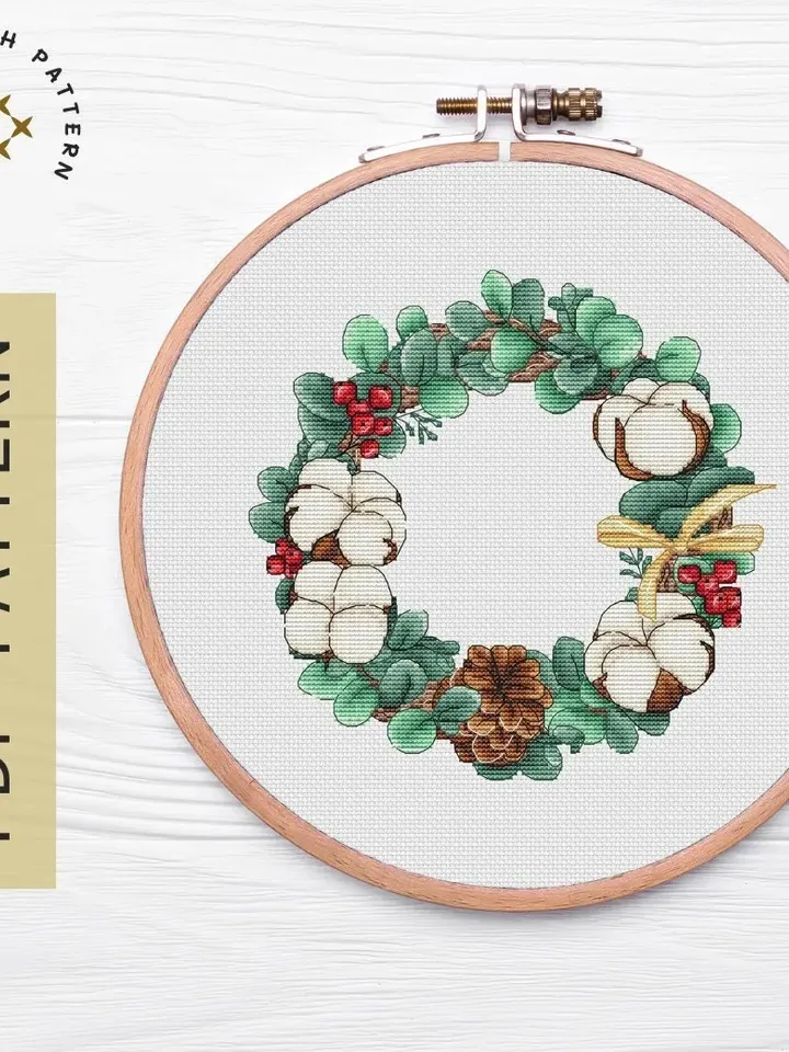 Christmas Wreath Cross Stitch Pattern PDF, Winter Cross Stitch Chart Instant Download, New Year Hand Embroidery Pattern