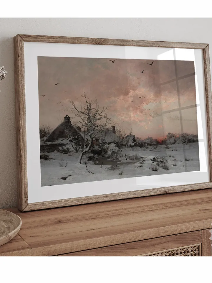 Antique Winter Village Painting, Evening Landscape Printable Art, Vintage Wall Decor, Downloadable | 393
