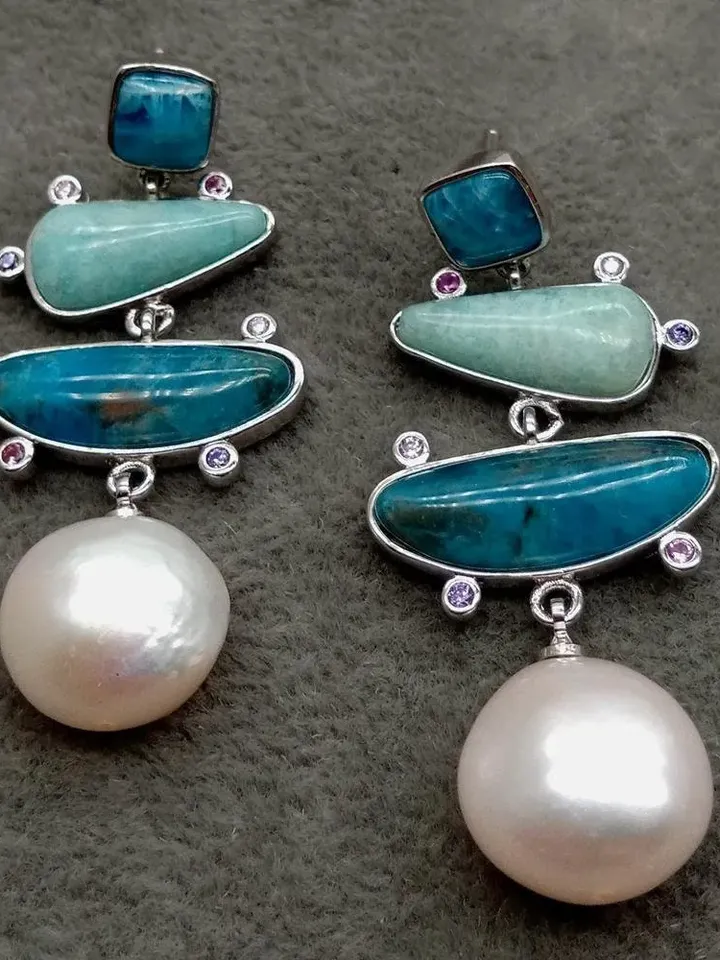 Handmade Turquoise Apatite and Amazonite Dangle Earrings with Pearl and Gold Plating