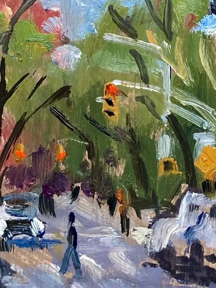 East Village Cityscape Painting - Across 10th Street/East Village NYC - 10x10 Oil on Panel, Impressionist Signed Original