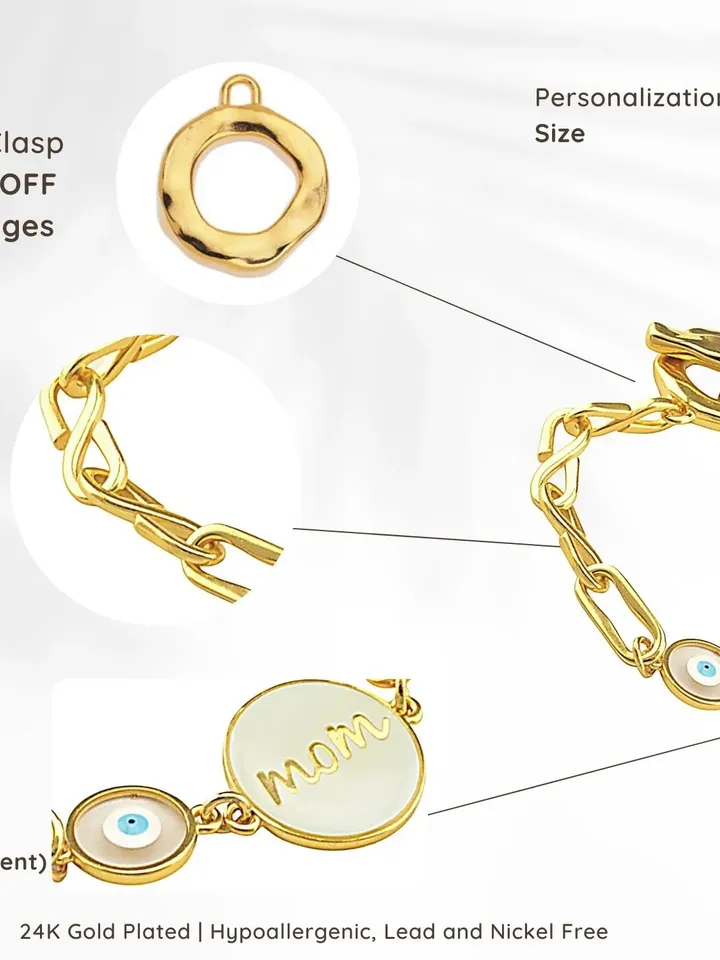 Mom Bracelet with Evil Eye Charm | Gold Handmade Link Chain Bracelet | Mothers Day Jewelry Gifts for Her | Women Link Bracelet with Charms