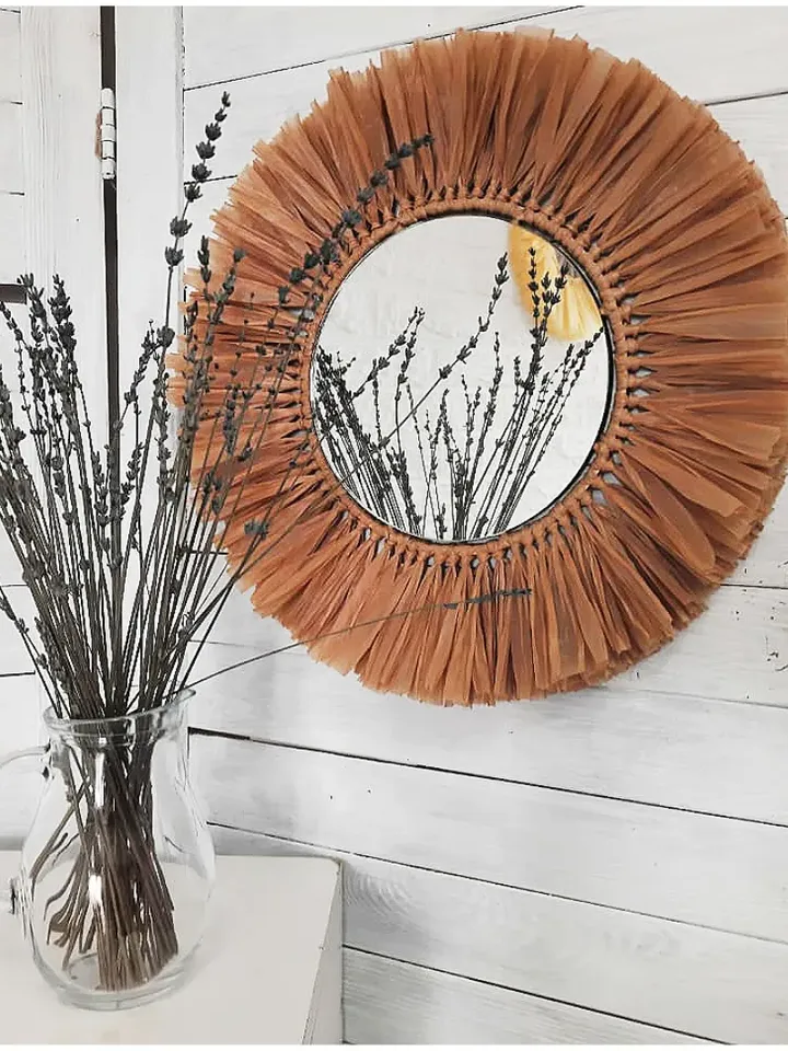 Wall Decor Bedroom Round mirror with raffia Home Decorative Mirror Wall Boho Raffia Mirror Home decor Wall hangings
