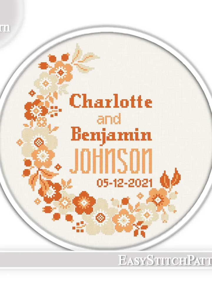 Wedding cross stitch pattern. Floral Wreath cross stitch pattern. DIY. Flower frame.