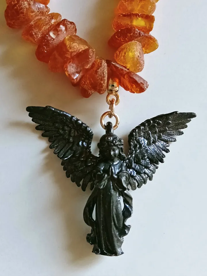 Raw Baltic Amber Necklace with black Angel Pendant Protection Jewelry Spiritual necklace Beaded Healing Stone necklace