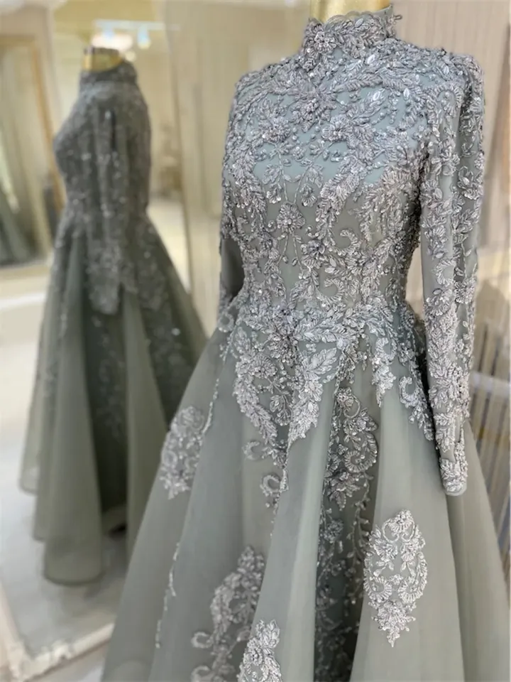 AHUNARE HIJAB - Linda Mint Embroidered Wedding Dress, Muslim Evening Gown, Nikah, Islamic Wedding, Engagement, Bridesmaid,