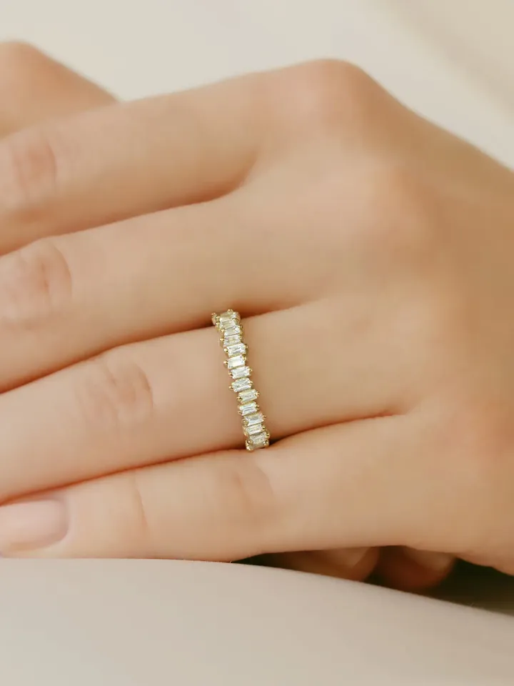 HALF ETERNITY RINGS | Dainty Eternity Moissanite Baguette Gold Plated Ring | White Gold Rings | Women Wedding Ring | Unique Gold Rings