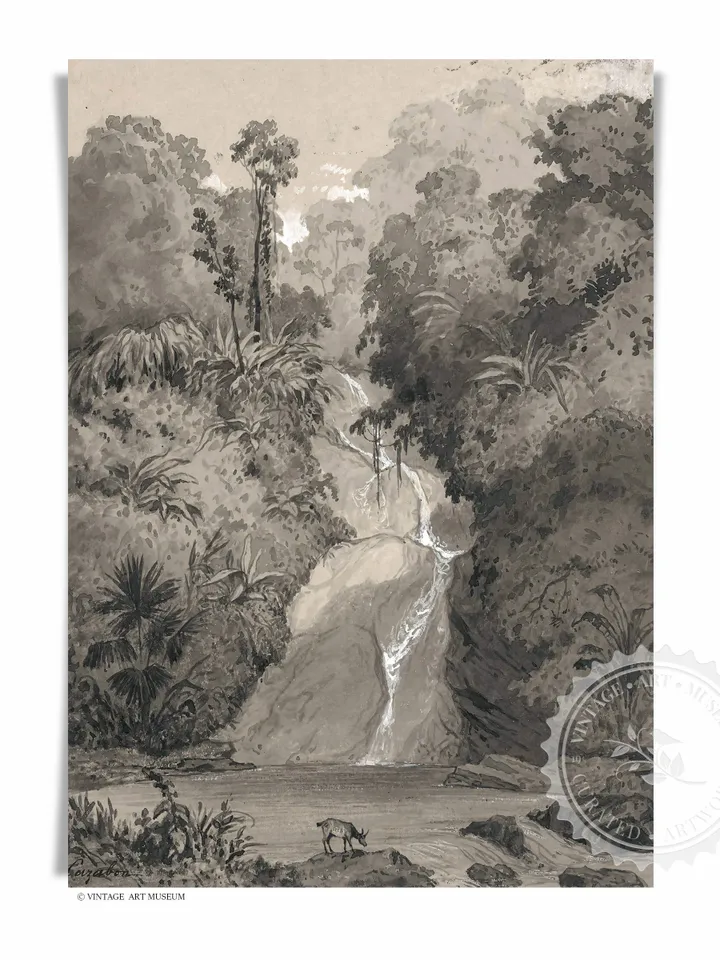 Waterfall Painting Jungle Art Print, Muted Landscape, Vintage Printable Wall Decor Download | 159