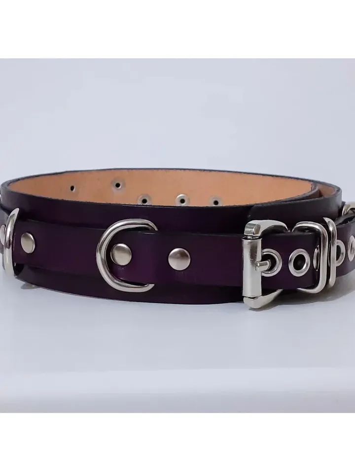 Handmade purple leather bdsm collar o-ring custom size