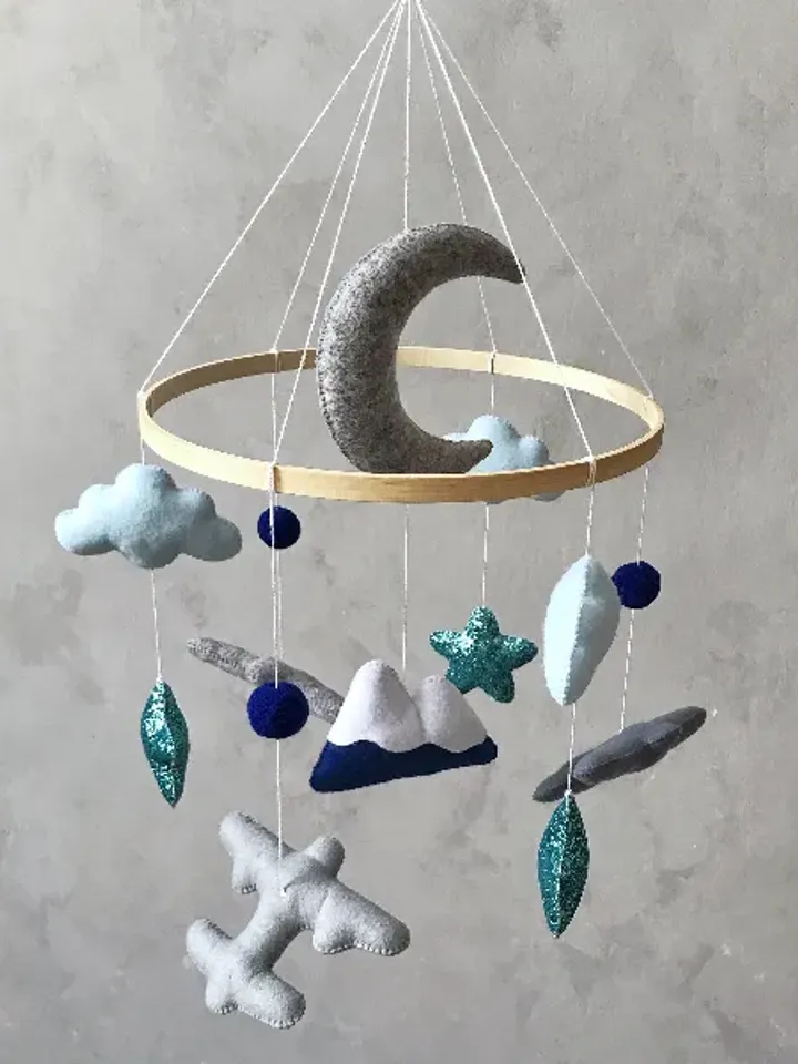 Handmade Baby Boy Mobile with Airplanes, Clouds, Stars, and Mountains - Blue and Gray Sky Themed Crib Mobile for Nursery