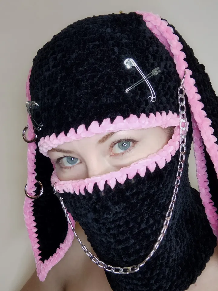 Pink black bunny balaclava Bunny kigurumi hat Sexy balaclava hat Crazy bunny hat crochet Halloween full face cover