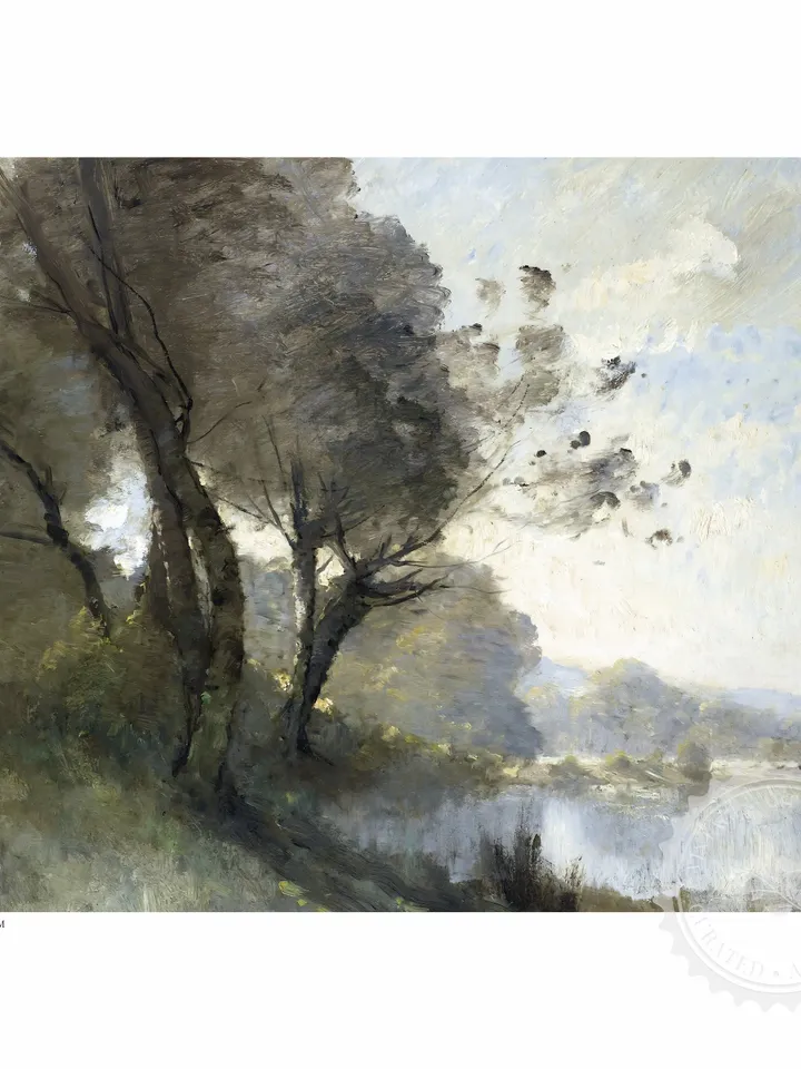 Muted Green Landscape Vintage Art Print, Riverside Antique Painting, Printable Decor, Downloadable | 383