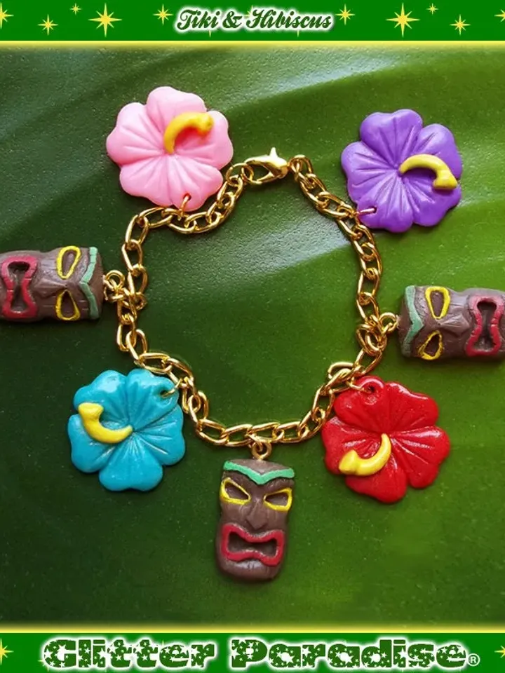 Tiki & Hibiscus - Bracelet - Tiki Jewelry - Tiki Oasis - Hula Girl - Vintage Exotica - Hawaii Jewelry Tropical - Wahine - Glitter Paradise®