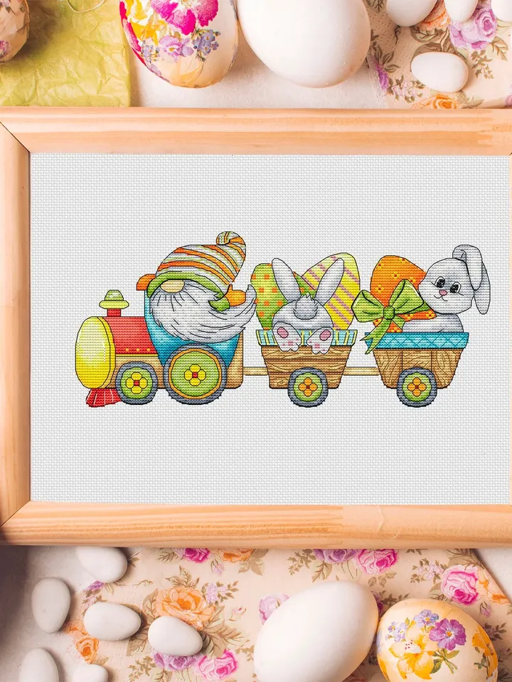 Easter Gnome Cross Stitch Pattern PDF, Easter Bunny Embroidery Pattern PDF, Modern cross stitch, Easter Train Cross Stitch Pdf Pattern