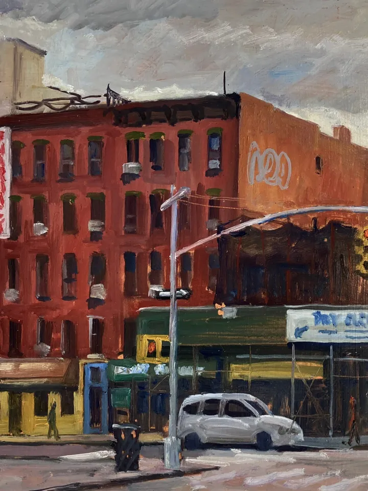 Original 12x16 East Village Cityscape Painting - Rain on Avenue A/NYC- Oil on Panel, New York Urban Impressionist Landscape, Signed Original